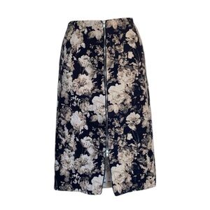 ANGL pencil skirt, navy/cream flowers, fell length zipper opens top & hem. L